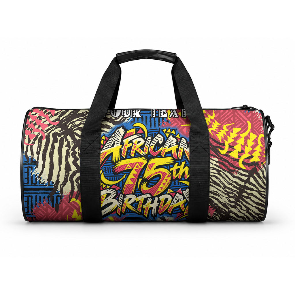 Personalized African 75th Birthday Duffle Bag Colorful Tribal Striped Heritage Art