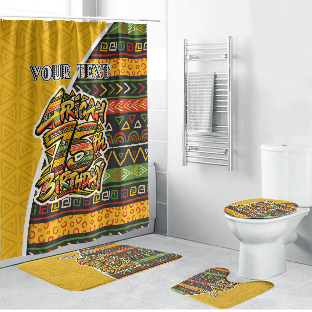 Personalized African 75th Birthday Bathroom Set Colorful Tribal Geometric Heritage Pattern