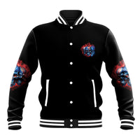 Unisex black baseball jacket with small chest skull emblem and sleeve skull prints