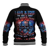 Unisex black baseball jacket with large back graphic of three skulls and text