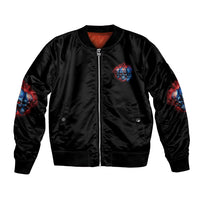 Black bomber jacket with front zip, ribbed cuffs, small blue skull logo, colorful sleeve graphics