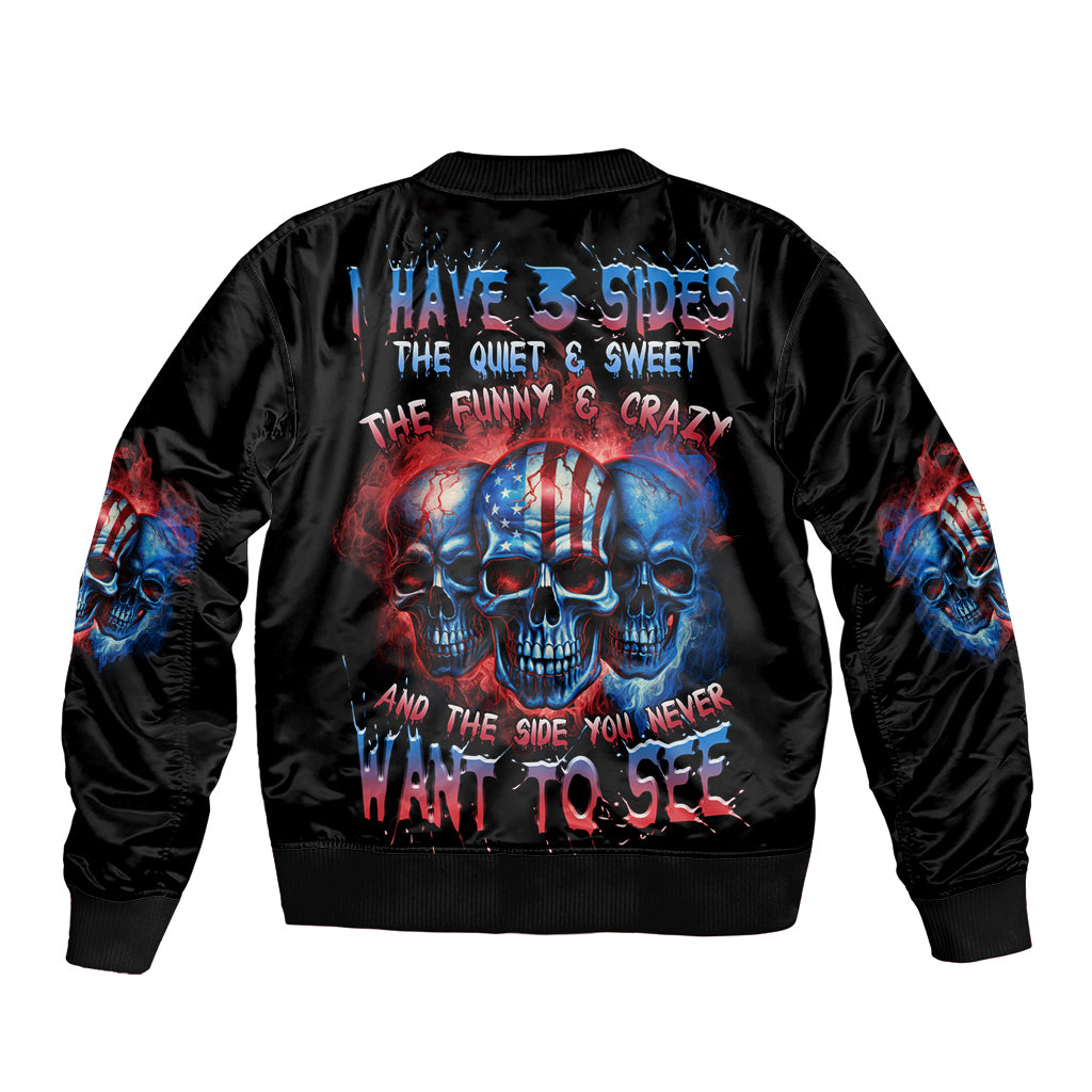 Black satin bomber jacket with large skull graphic on back and colorful sleeve artwork