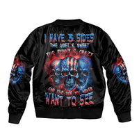 Black satin bomber jacket with large skull graphic on back and colorful sleeve artwork