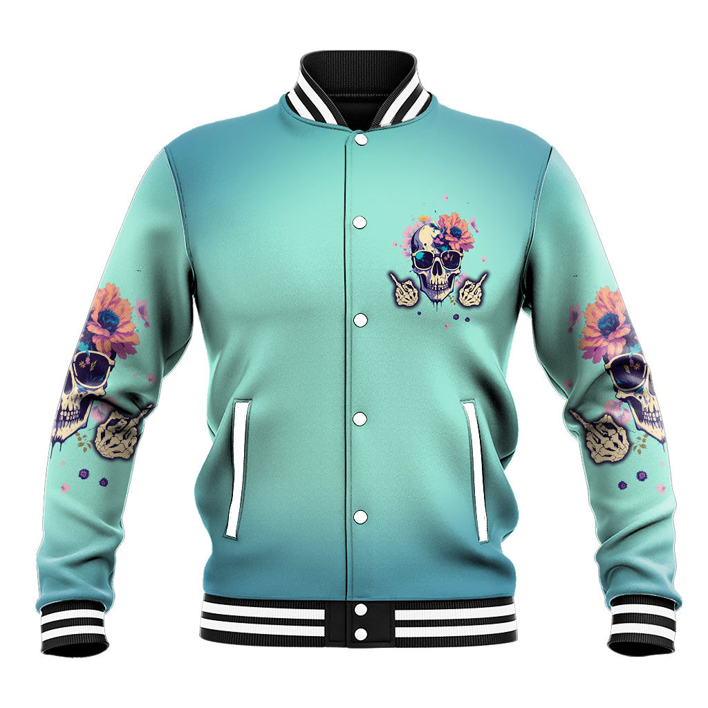 Unisex teal varsity baseball jacket, front button placket, skull floral print, ribbed hem