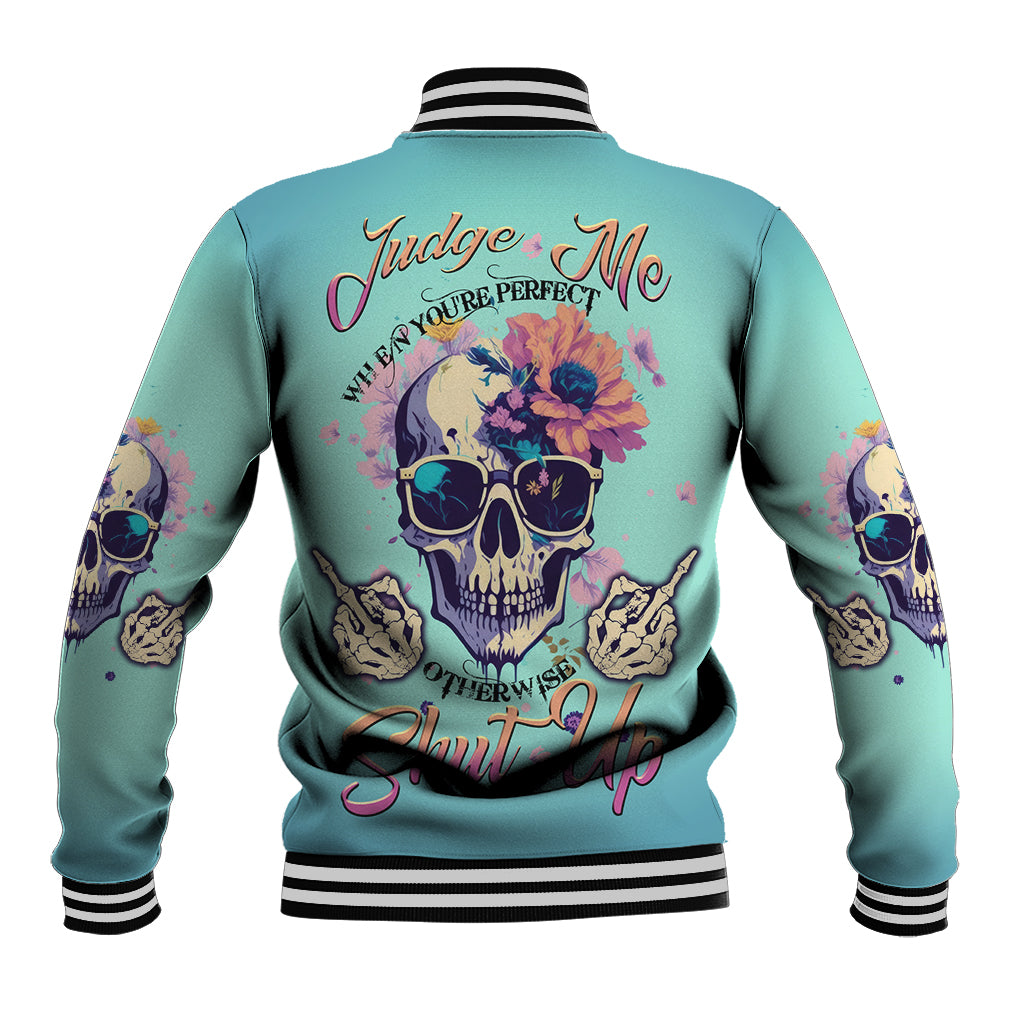 Unisex teal baseball jacket with back skull floral graphic and striped ribbed trim