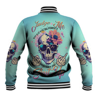 Unisex teal baseball jacket with back skull floral graphic and striped ribbed trim