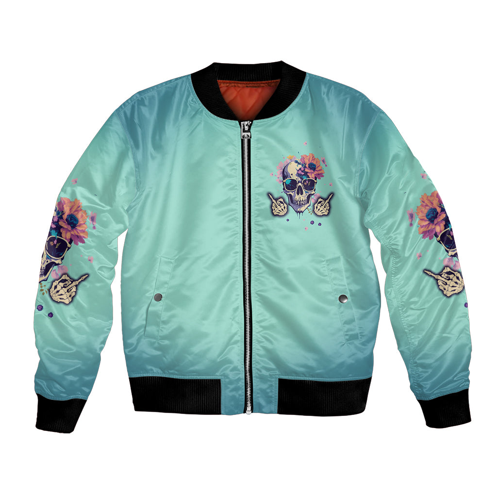 Light teal bomber jacket with zip front, skull logo and floral sleeve graphics
