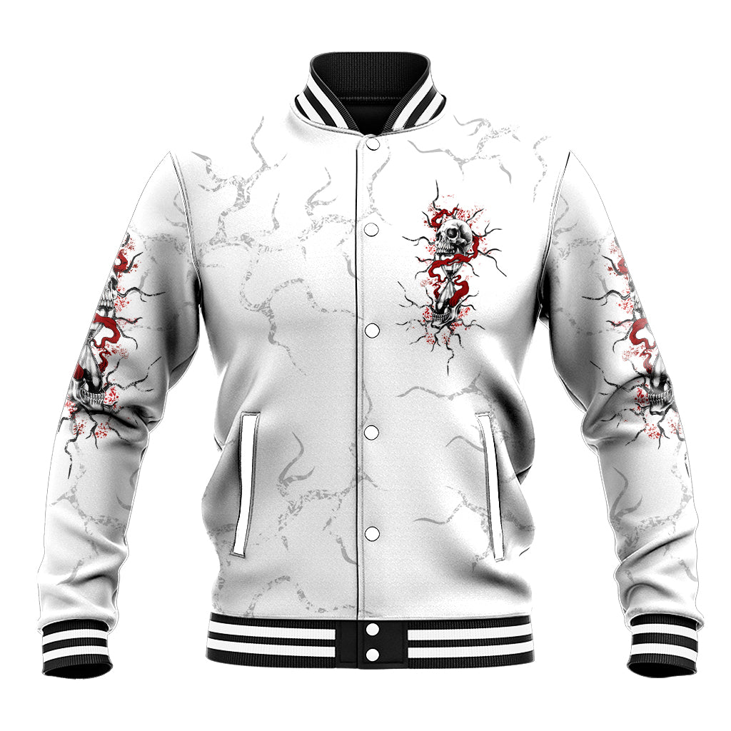 Front baseball jacket in light gray with button closure, red skull graphic, ribbed cuffs