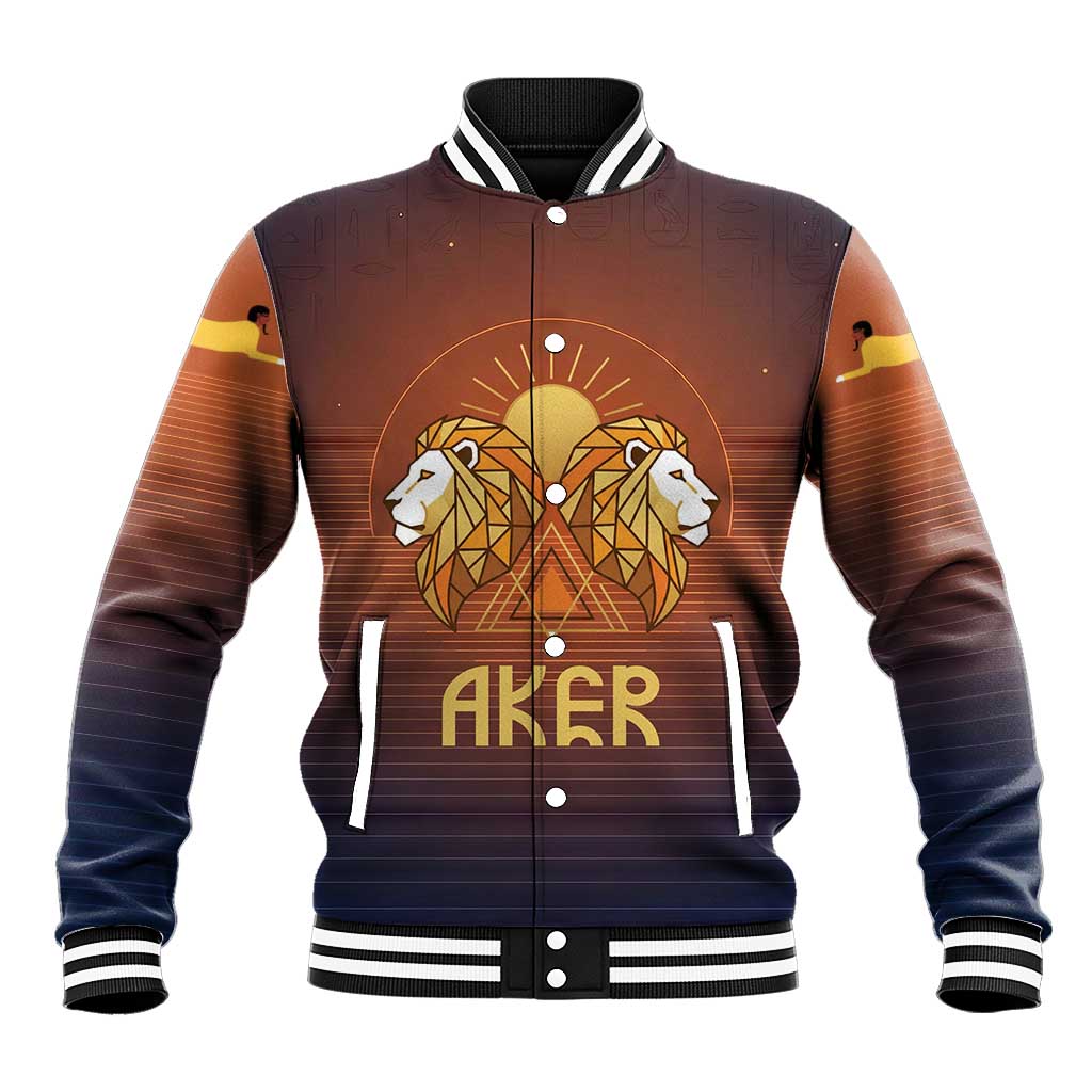 Aker Baseball Jacket Ancient Egyptian Sunset Gradient, Twin Lion Guardians, and Solar Disc - Wonder Print Shop