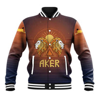 Aker Baseball Jacket Ancient Egyptian Sunset Gradient, Twin Lion Guardians, and Solar Disc - Wonder Print Shop