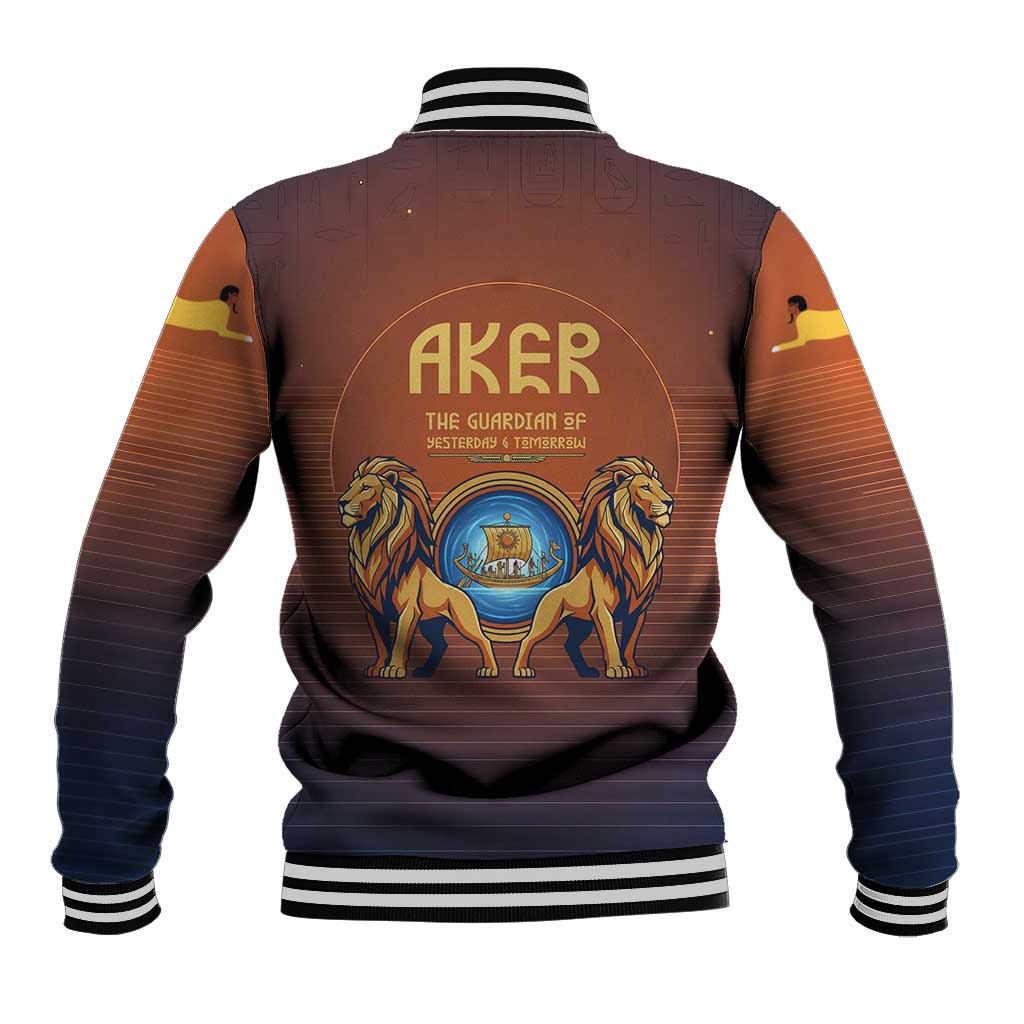 Aker Baseball Jacket Ancient Egyptian Sunset Gradient, Twin Lion Guardians, and Solar Disc - Wonder Print Shop
