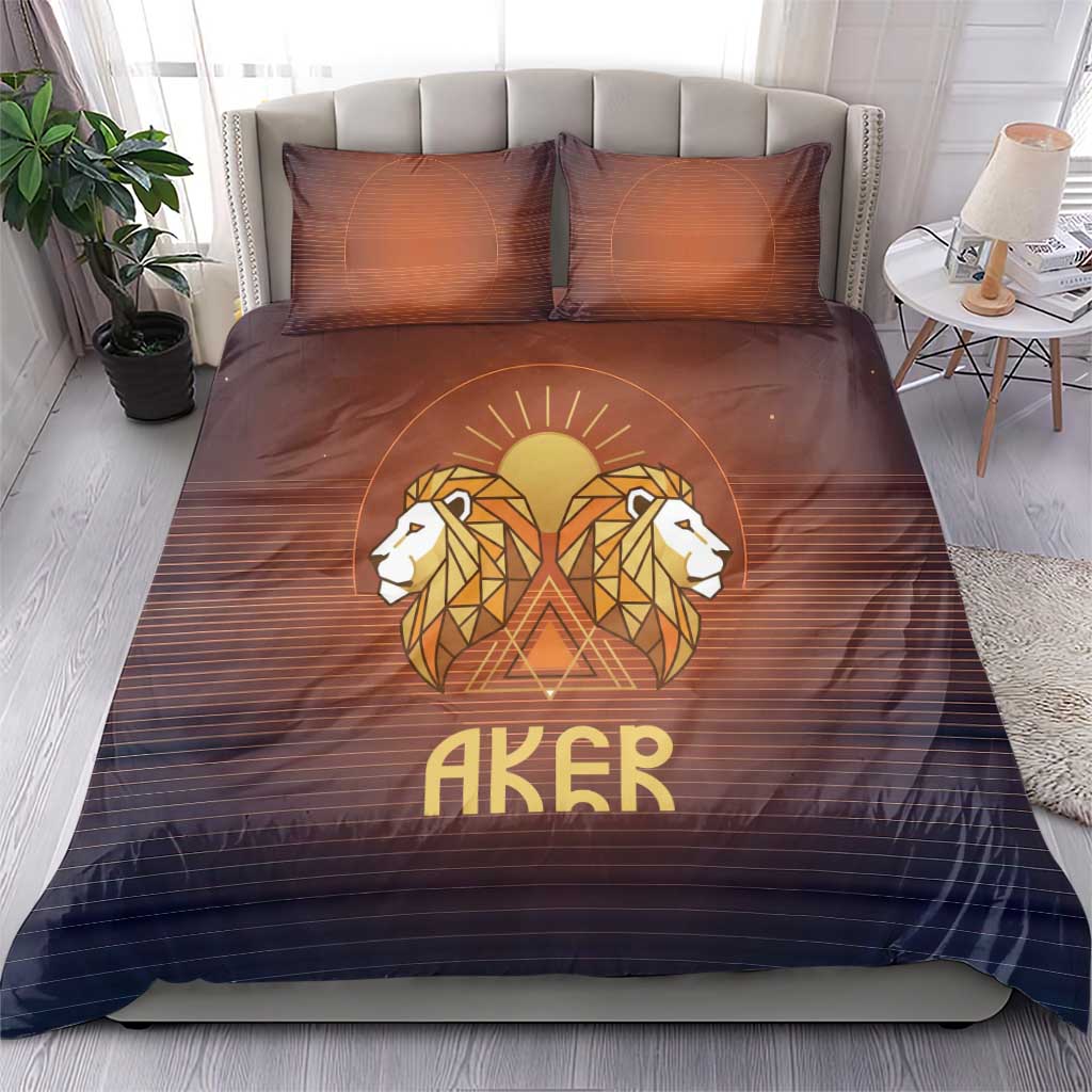 Aker Bedding Set Ancient Egyptian Sunset Gradient, Twin Lion Guardians, and Solar Disc - Wonder Print Shop