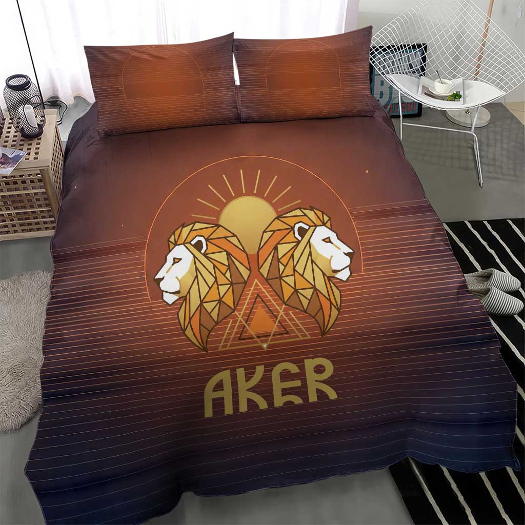 Aker Bedding Set Ancient Egyptian Sunset Gradient, Twin Lion Guardians, and Solar Disc - Wonder Print Shop