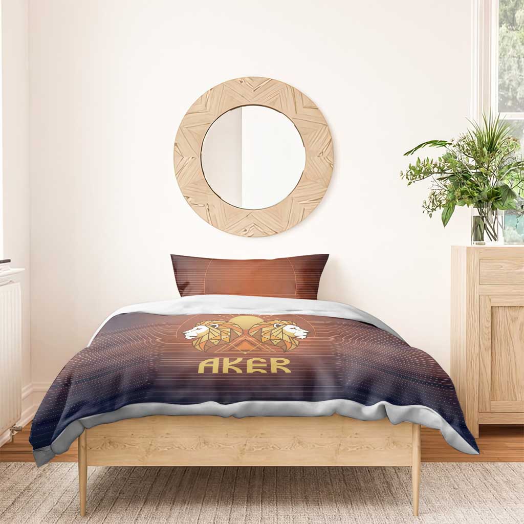 Aker Bedding Set Ancient Egyptian Sunset Gradient, Twin Lion Guardians, and Solar Disc - Wonder Print Shop