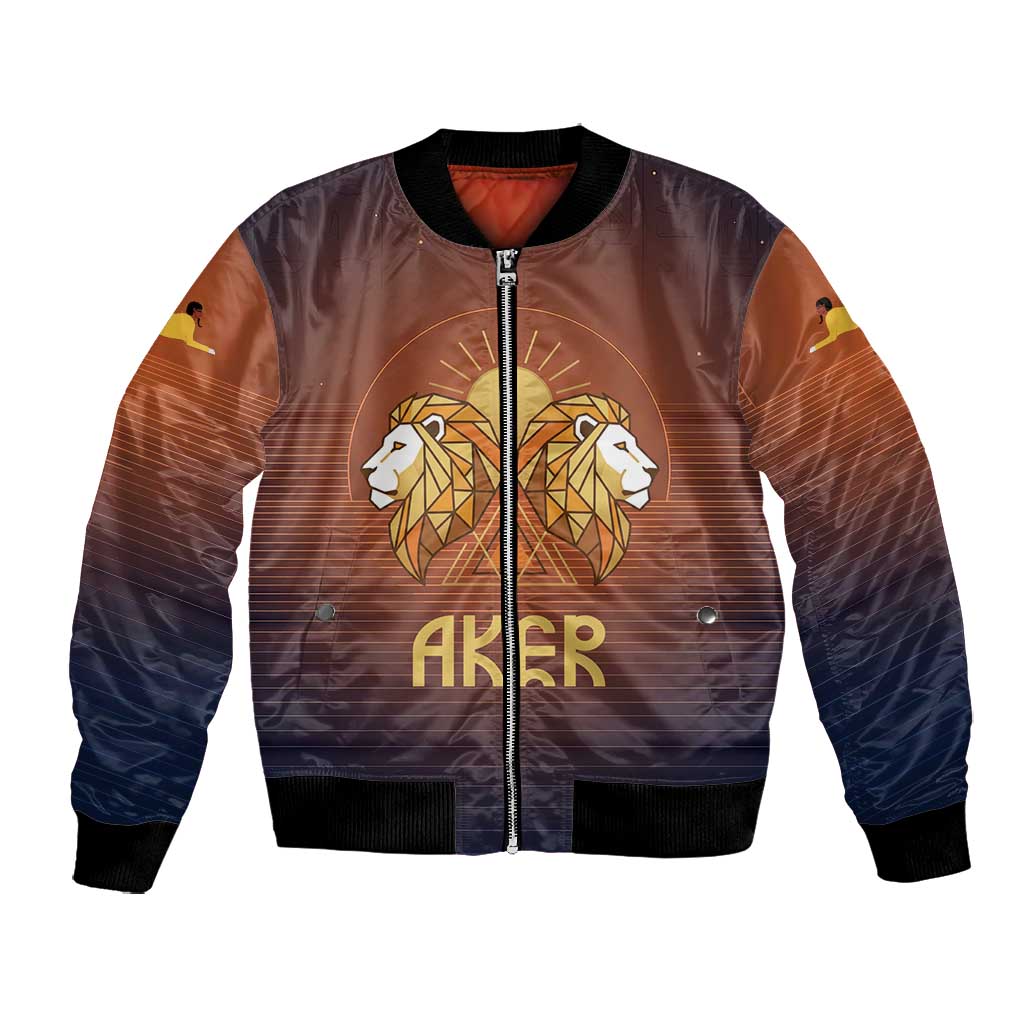 Aker Bomber Jacket Ancient Egyptian Sunset Gradient, Twin Lion Guardians, and Solar Disc - Wonder Print Shop