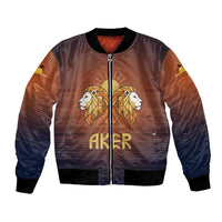 Aker Bomber Jacket Ancient Egyptian Sunset Gradient, Twin Lion Guardians, and Solar Disc - Wonder Print Shop