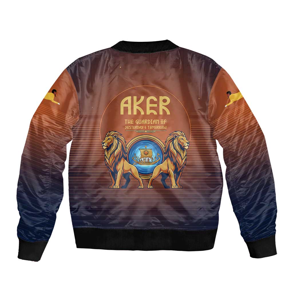 Aker Bomber Jacket Ancient Egyptian Sunset Gradient, Twin Lion Guardians, and Solar Disc - Wonder Print Shop
