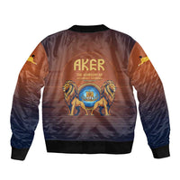 Aker Bomber Jacket Ancient Egyptian Sunset Gradient, Twin Lion Guardians, and Solar Disc - Wonder Print Shop