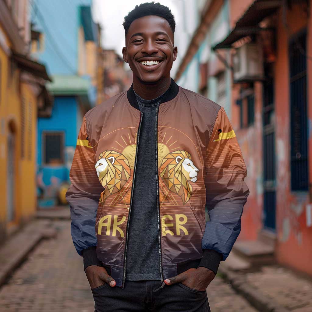 Aker Bomber Jacket Ancient Egyptian Sunset Gradient, Twin Lion Guardians, and Solar Disc - Wonder Print Shop