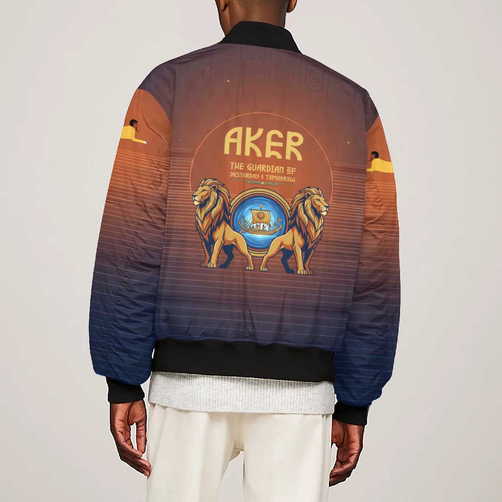 Aker Bomber Jacket Ancient Egyptian Sunset Gradient, Twin Lion Guardians, and Solar Disc - Wonder Print Shop