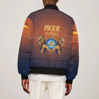 Aker Bomber Jacket Ancient Egyptian Sunset Gradient, Twin Lion Guardians, and Solar Disc - Wonder Print Shop