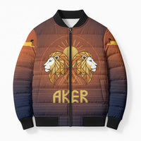 Aker Bomber Puffer Jacket Ancient Egyptian Sunset Gradient, Twin Lion Guardians, and Solar Disc - Wonder Print Shop