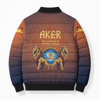Aker Bomber Puffer Jacket Ancient Egyptian Sunset Gradient, Twin Lion Guardians, and Solar Disc - Wonder Print Shop