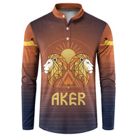 Aker Button Sweatshirt Ancient Egyptian Sunset Gradient, Twin Lion Guardians, and Solar Disc