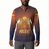 Aker Button Sweatshirt Ancient Egyptian Sunset Gradient, Twin Lion Guardians, and Solar Disc