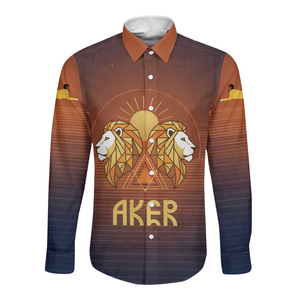 Aker Long Sleeve Button Shirt Ancient Egyptian Sunset Gradient, Twin Lion Guardians, and Solar Disc - Wonder Print Shop
