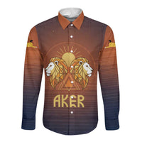 Aker Long Sleeve Button Shirt Ancient Egyptian Sunset Gradient, Twin Lion Guardians, and Solar Disc - Wonder Print Shop