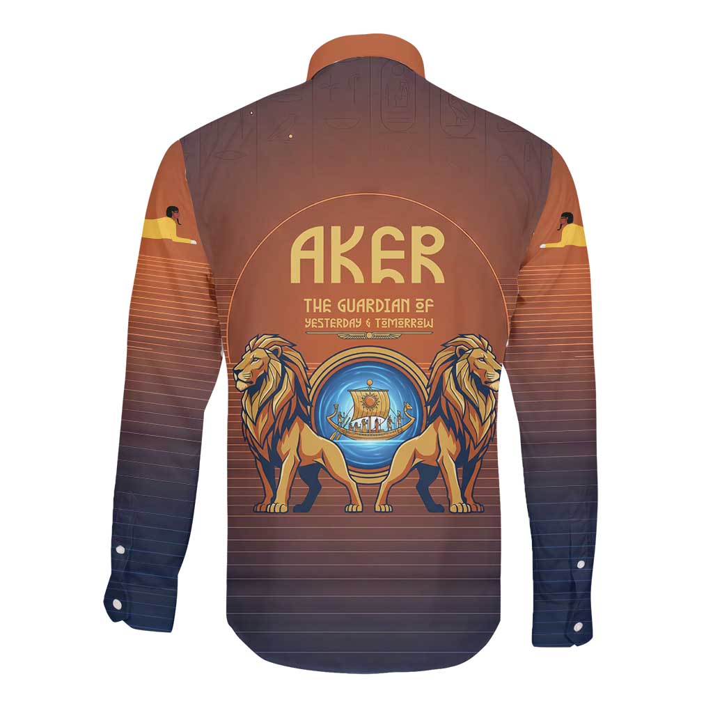 Aker Long Sleeve Button Shirt Ancient Egyptian Sunset Gradient, Twin Lion Guardians, and Solar Disc - Wonder Print Shop