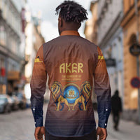 Aker Long Sleeve Button Shirt Ancient Egyptian Sunset Gradient, Twin Lion Guardians, and Solar Disc - Wonder Print Shop