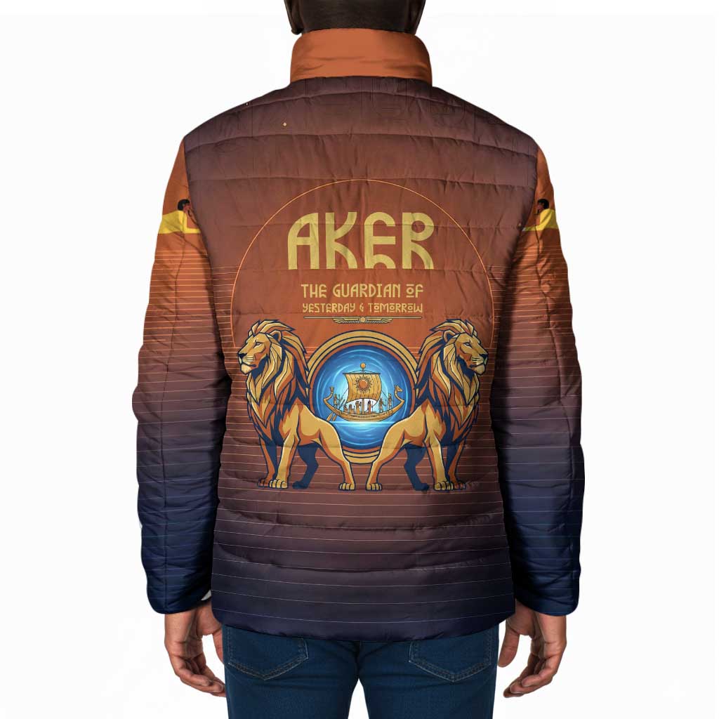 Aker Padded Jacket Ancient Egyptian Sunset Gradient, Twin Lion Guardians, and Solar Disc - Wonder Print Shop