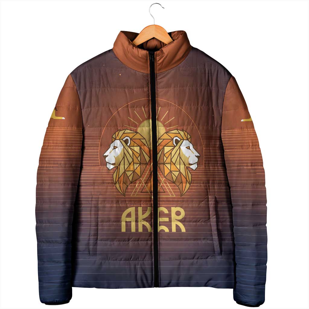 Aker Padded Jacket Ancient Egyptian Sunset Gradient, Twin Lion Guardians, and Solar Disc - Wonder Print Shop