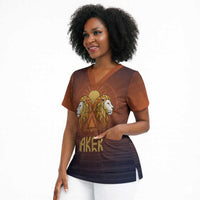 Aker Scrub Top Ancient Egyptian Sunset Gradient, Twin Lion Guardians, and Solar Disc - Wonder Print Shop
