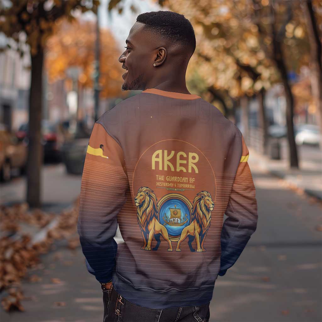 Aker Sweatshirt Ancient Egyptian Sunset Gradient, Twin Lion Guardians, and Solar Disc - Wonder Print Shop