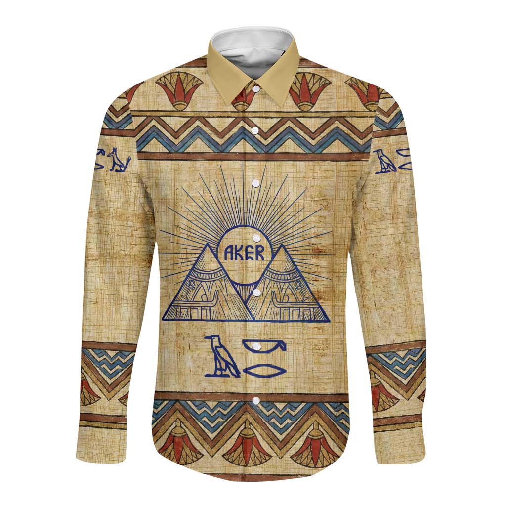 Aker Ancient Egyptian Long Sleeve Button Shirt with Hieroglyphic Pattern, Pyramid Symbol, and Twin Lion Guardians Motif - Wonder Print Shop