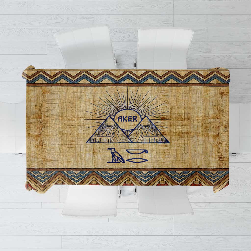 Aker Ancient Egyptian Tablecloth with Hieroglyphic Pattern, Pyramid Symbol, and Twin Lion Guardians Motif - Wonder Print Shop