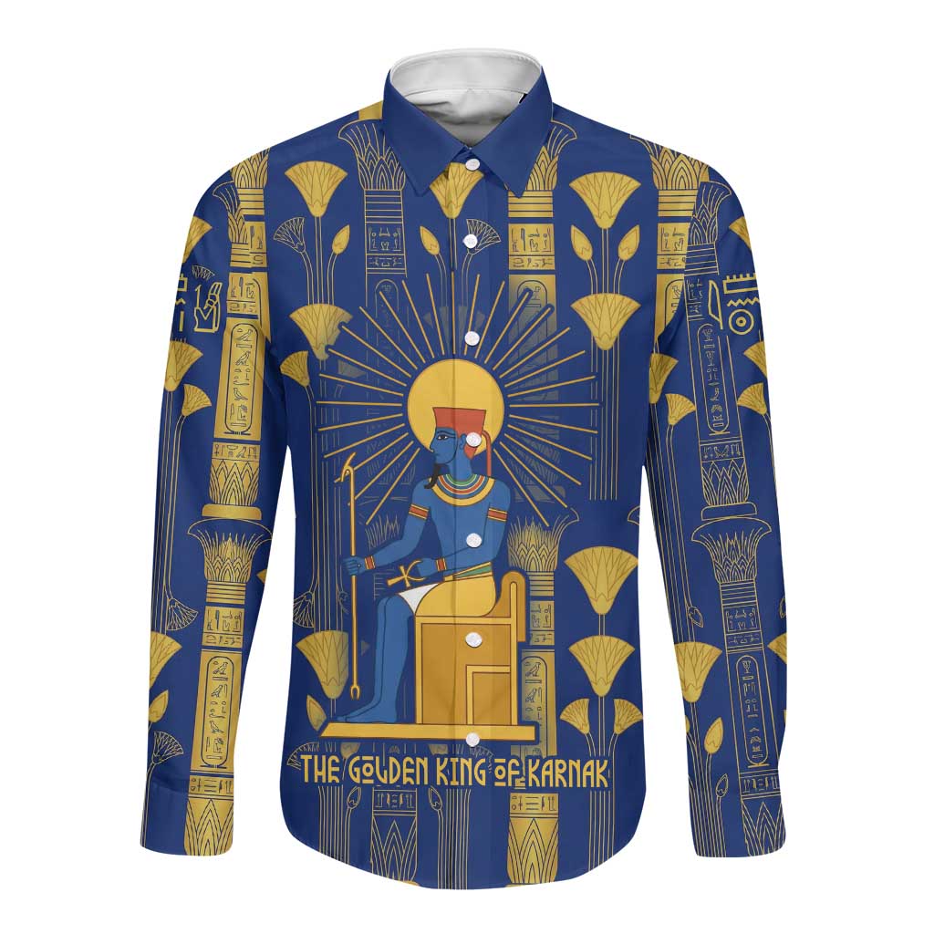 Amun Long Sleeve Button Shirt Ancient Egyptian Hieroglyphic, Pharaoh and Scarab - Wonder Print Shop