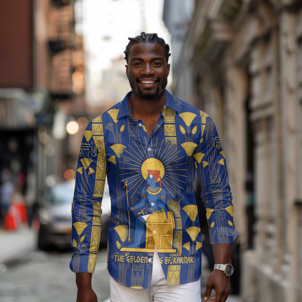 Amun Long Sleeve Button Shirt Ancient Egyptian Hieroglyphic, Pharaoh and Scarab - Wonder Print Shop