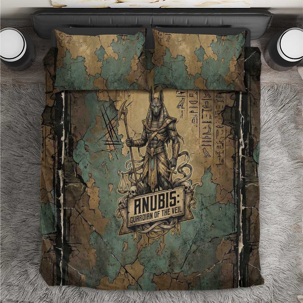 Anubis Bedding Set Ancient Egyptian Aged Papyrus, Scales of Justice, and Egyptian Hieroglyph - Wonder Print Shop