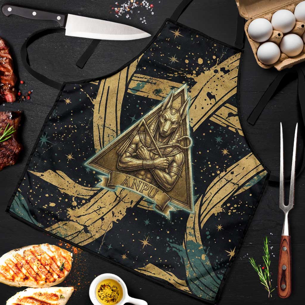 Anubis Ancient Egyptian Apron with Starry Mummy Wrap Pattern, Anubis Warrior Illustration, and Pyramid - Wonder Print Shop