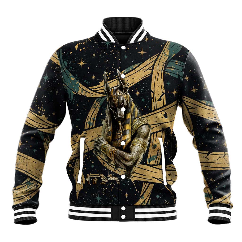 Anubis Ancient Egyptian Baseball Jacket with Starry Mummy Wrap Pattern, Anubis Warrior Illustration, and Pyramid - Wonder Print Shop