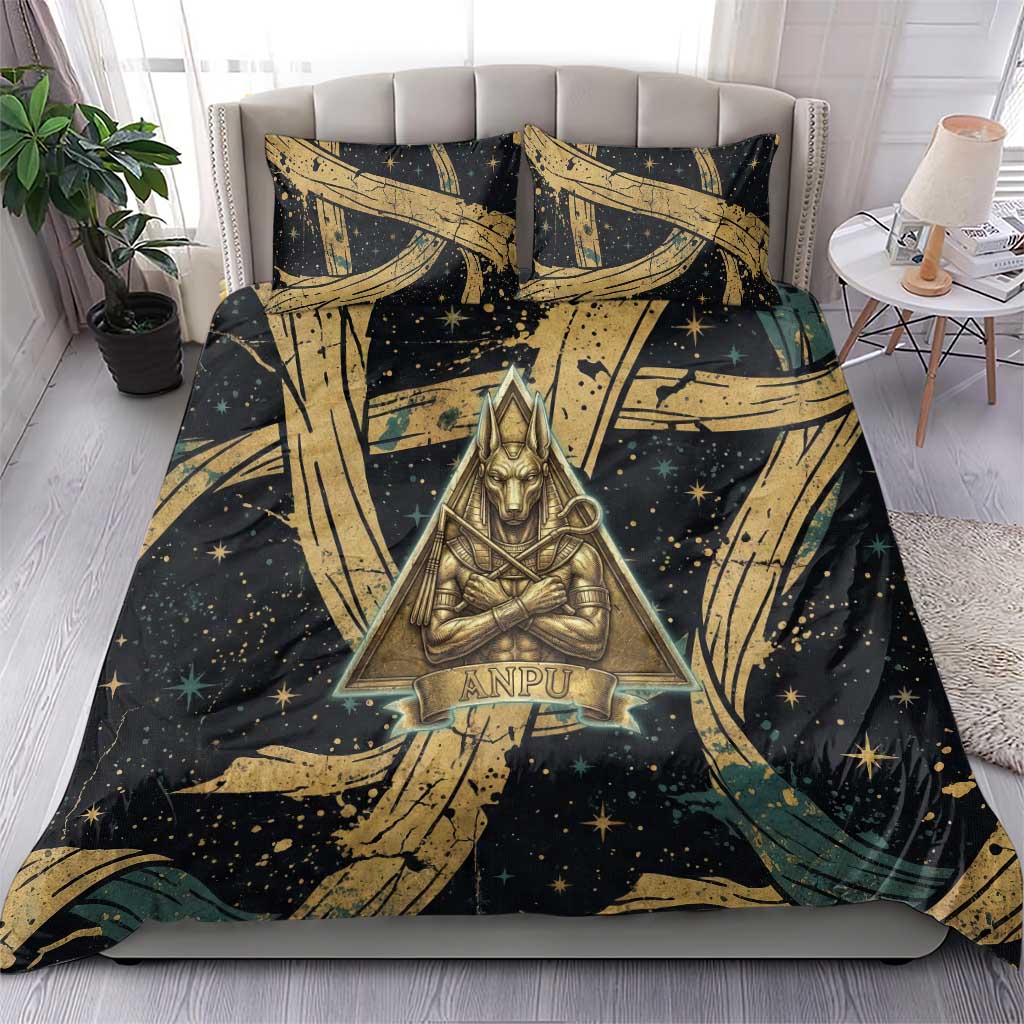 Anubis Ancient Egyptian Bedding Set with Starry Mummy Wrap Pattern, Anubis Warrior Illustration, and Pyramid - Wonder Print Shop