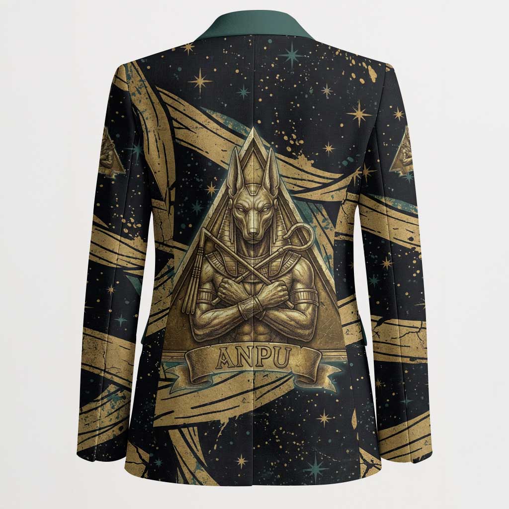 Anubis Ancient Egyptian Blazer with Starry Mummy Wrap Pattern, Anubis Warrior Illustration, and Pyramid - Wonder Print Shop
