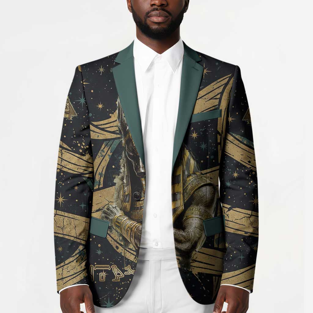 Anubis Ancient Egyptian Blazer with Starry Mummy Wrap Pattern, Anubis Warrior Illustration, and Pyramid - Wonder Print Shop
