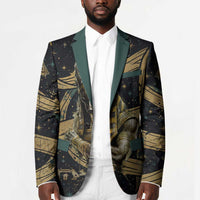 Anubis Ancient Egyptian Blazer with Starry Mummy Wrap Pattern, Anubis Warrior Illustration, and Pyramid - Wonder Print Shop