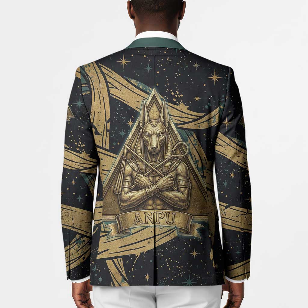 Anubis Ancient Egyptian Blazer with Starry Mummy Wrap Pattern, Anubis Warrior Illustration, and Pyramid - Wonder Print Shop