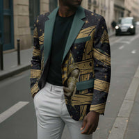 Anubis Ancient Egyptian Blazer with Starry Mummy Wrap Pattern, Anubis Warrior Illustration, and Pyramid - Wonder Print Shop
